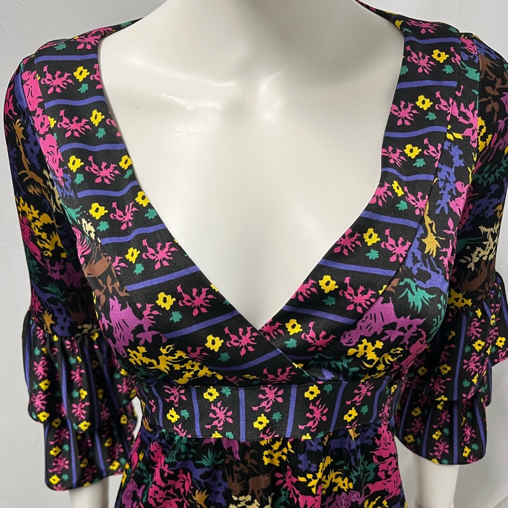 VTG Betsey Johnson Mini Dress Women 2 Black Graphic Jersey Knit Ruffles - Picture 8 of 10